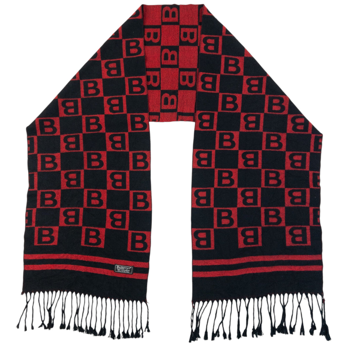 Vintage 90s Burberry Monogram Checkered Cashmere Tassel Scarf | O/S, Black