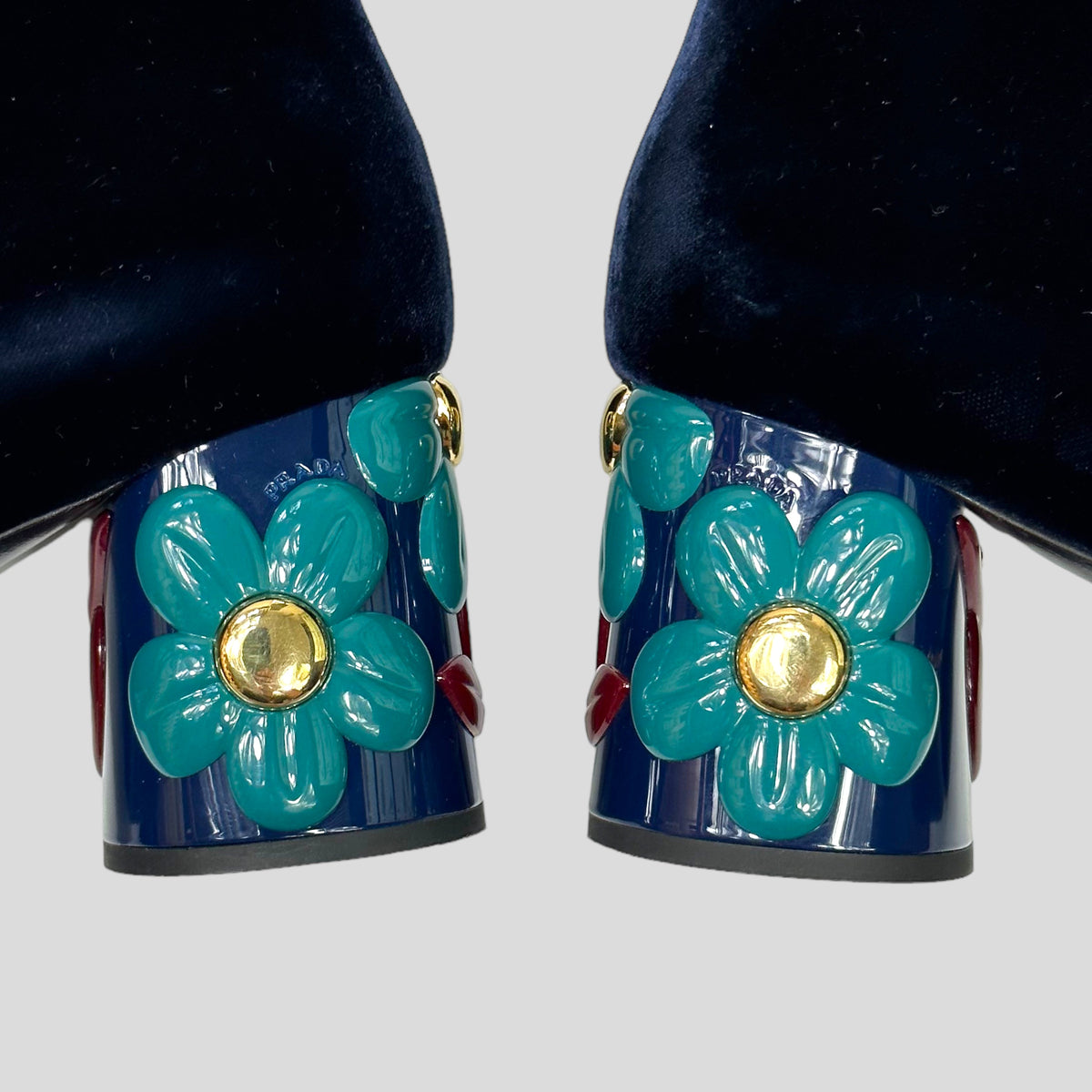 Prada Milano Floral Heel Blue Velvet Boots - UK7 | Navy
