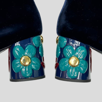 Prada Milano Floral Heel Blue Velvet Boots - UK7 | Navy