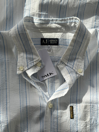 Armani Jeans Stripe Crinkle Cotton Logo Shirt - XL