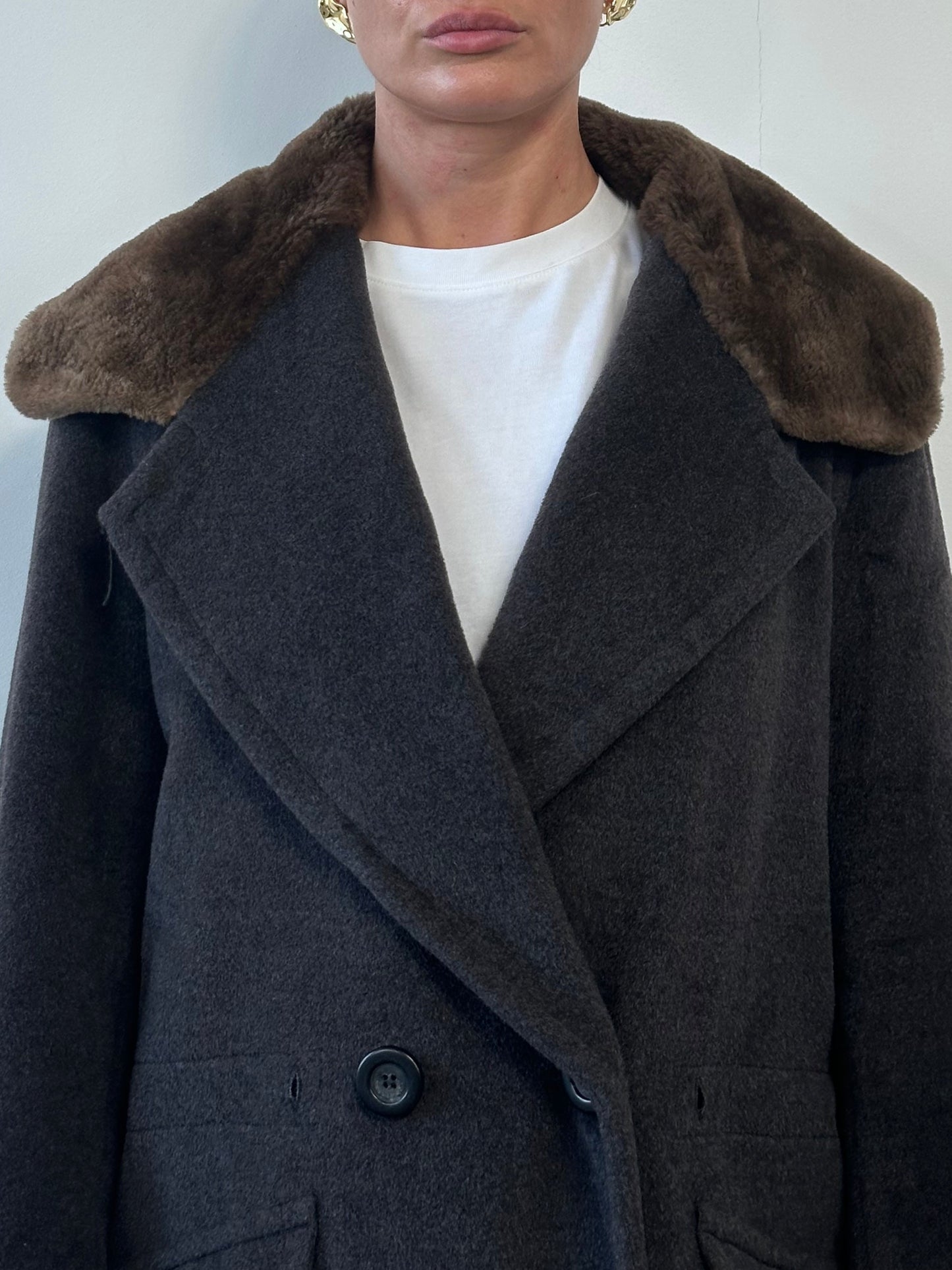 Max Mara Wool Cashmere Fur Collar Double Breasted Coat - M/L