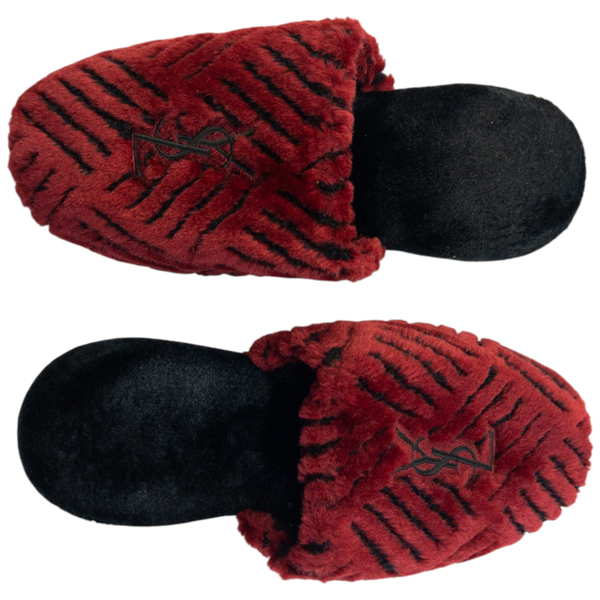 Vintage 80s YSL Yves Saint Laurent Embroidered Fur Slippers Womens Size 6 | ONE SIZE, Black