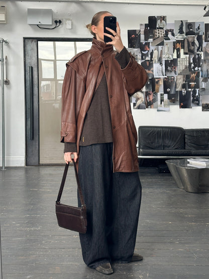 Vintage 1990s Leather High Neck Trench Coat - L
