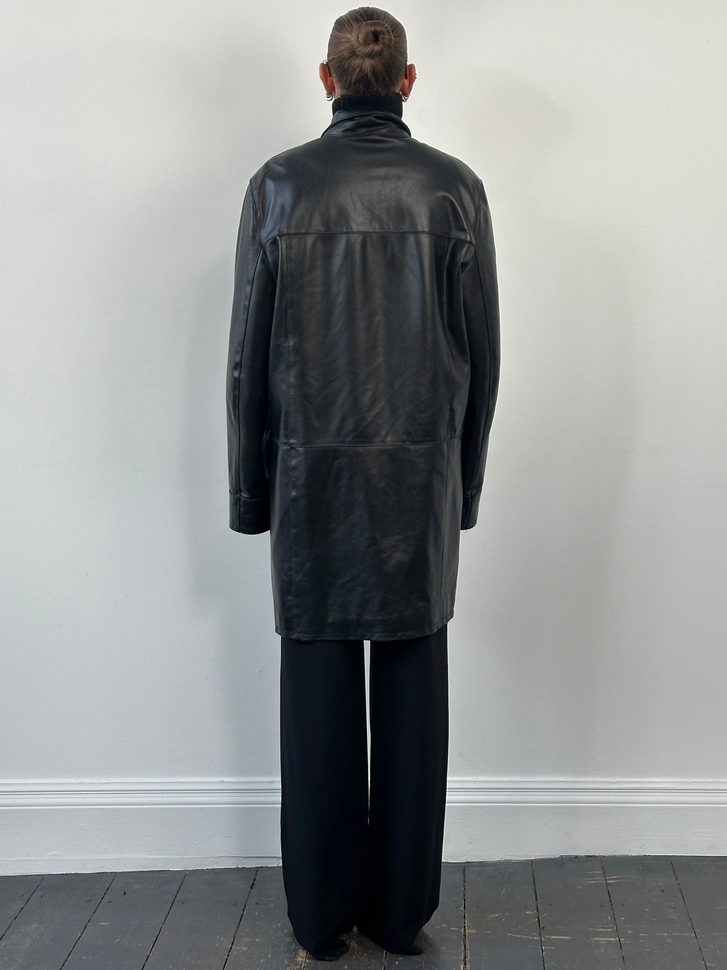 Italian Vintage 1990s Funnel Neck Leather Trench Coat - XL