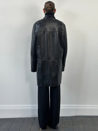 Italian Vintage 1990s Funnel Neck Leather Trench Coat - XL