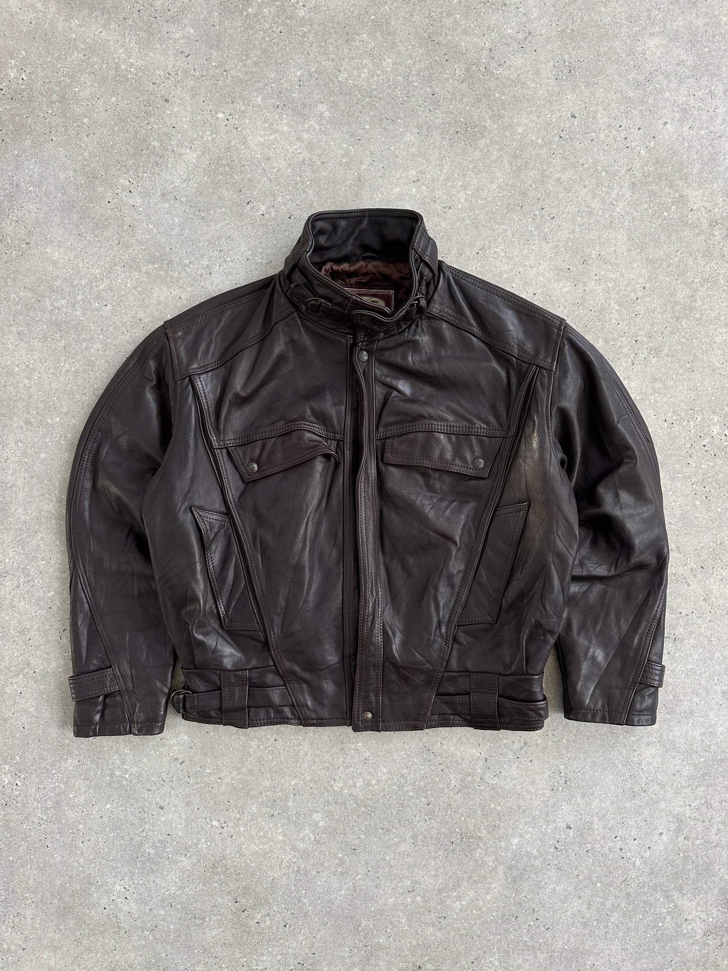 French Vintage 1980s High Neck Leather Bomber Jacket - L