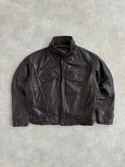 French Vintage 1980s High Neck Leather Bomber Jacket - L