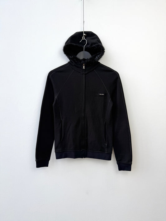 Prada Sport 2007 Contrast Stitch Fur Hood Track Jacket | Small, Black