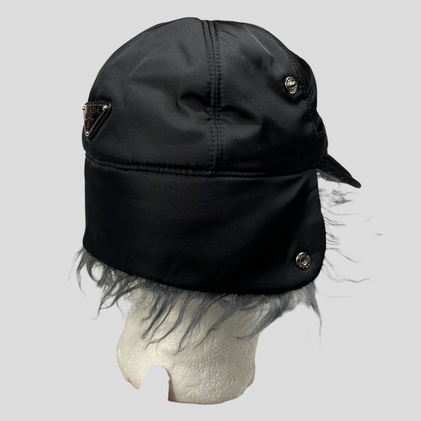 Prada Milano FW19 Mohair & Wool Triangle Logo Nylon Trapper Hat - S/M | O/S, Black