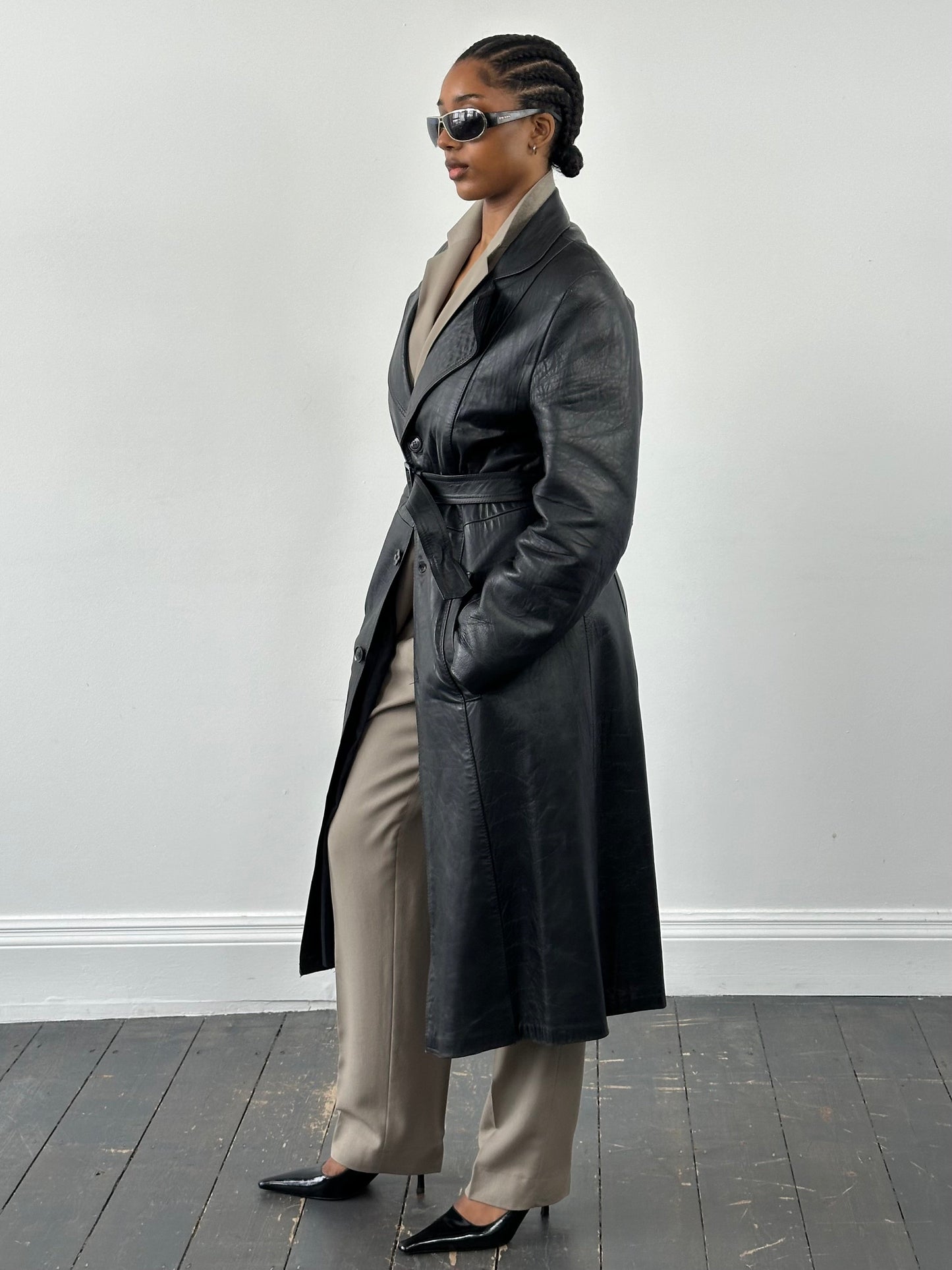 Vintage 1990s Leather Belted Trench Coat - S/M