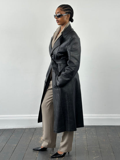Vintage 1990s Leather Belted Trench Coat - S/M