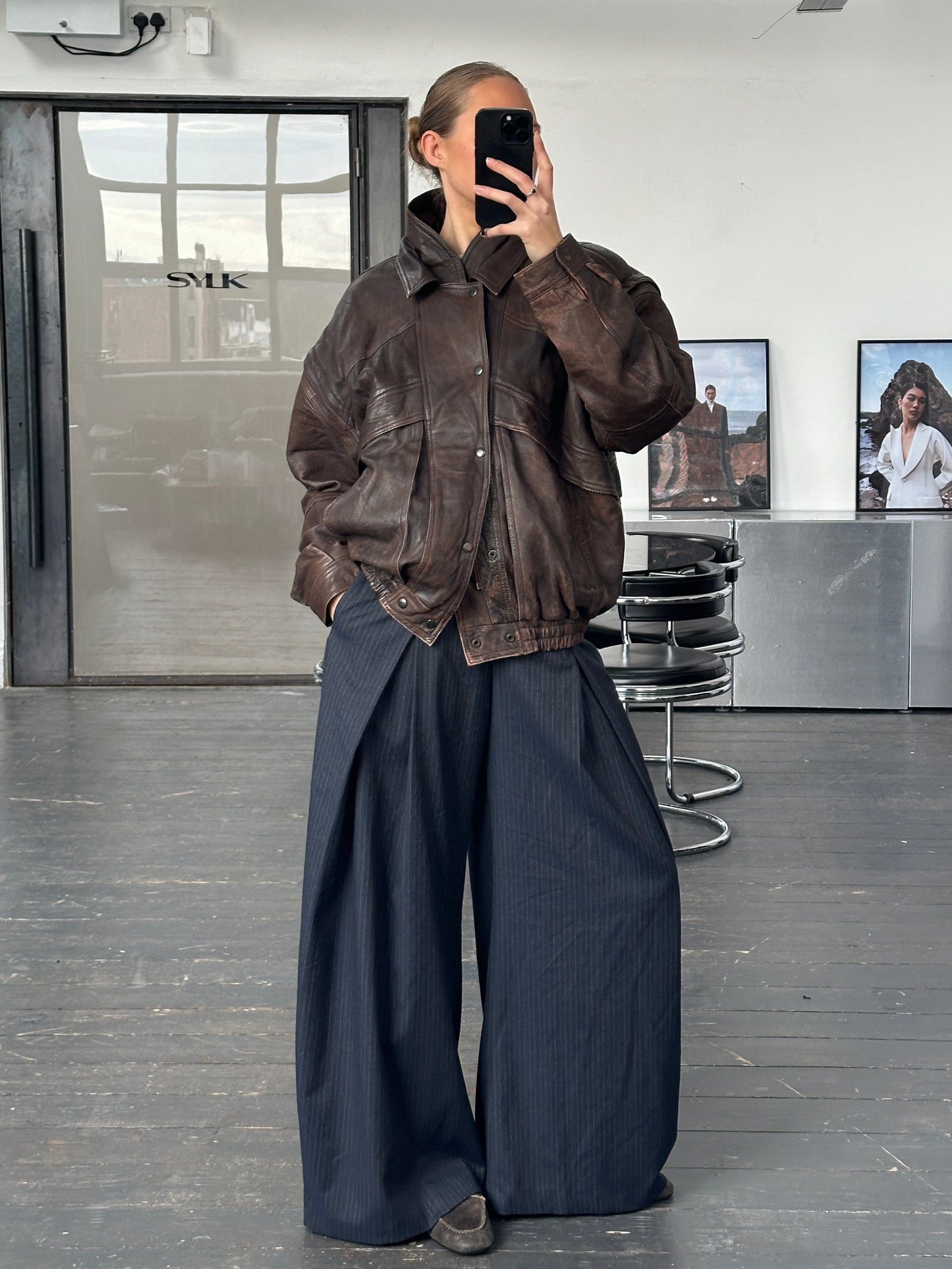 Vintage 1990s Aged Double Collar Leather Bomber Jacket - XL