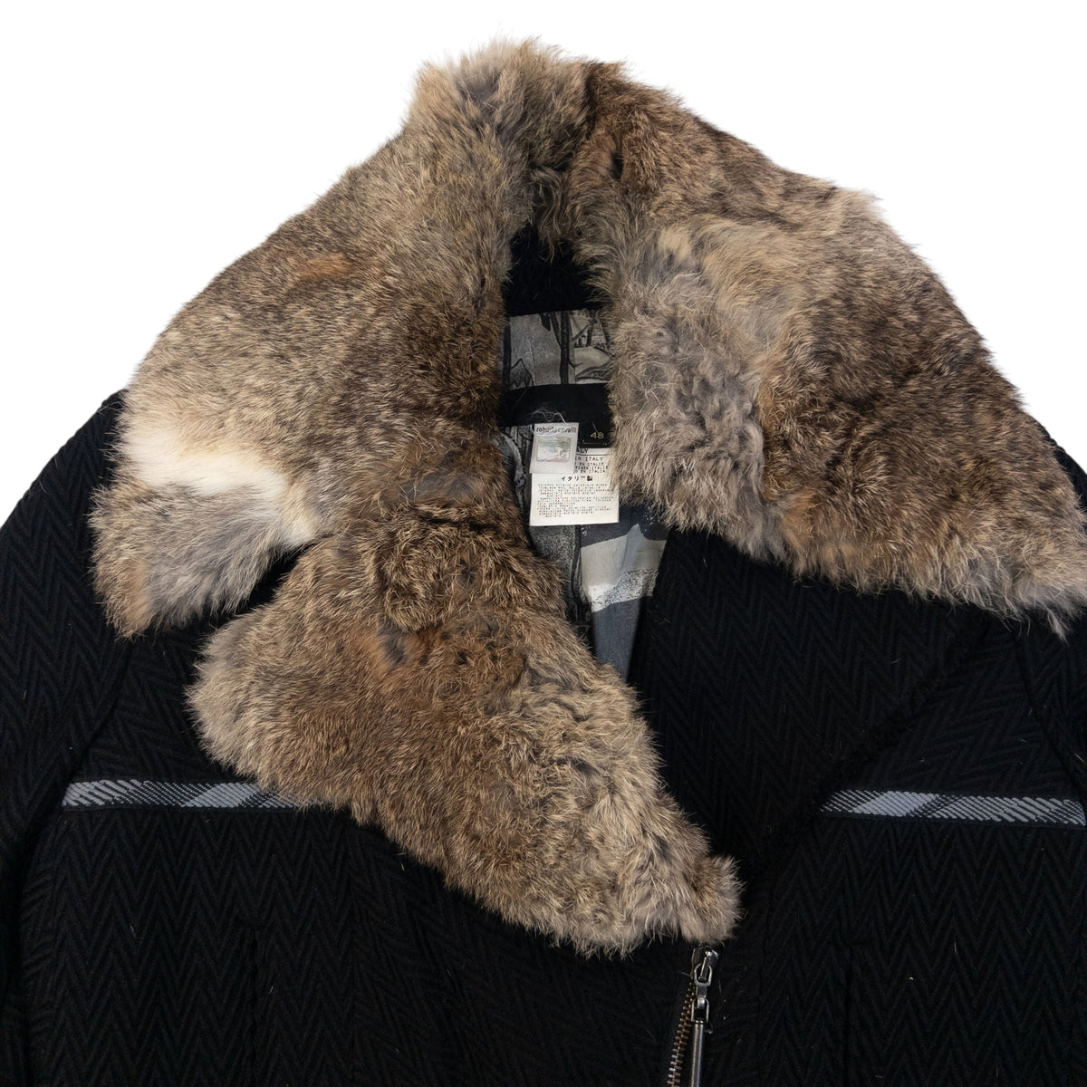 Vintage 2005 Cavalli Rabbit Fur Collar Asymmetrical Wool Jacket Womens Size L | Large, Black