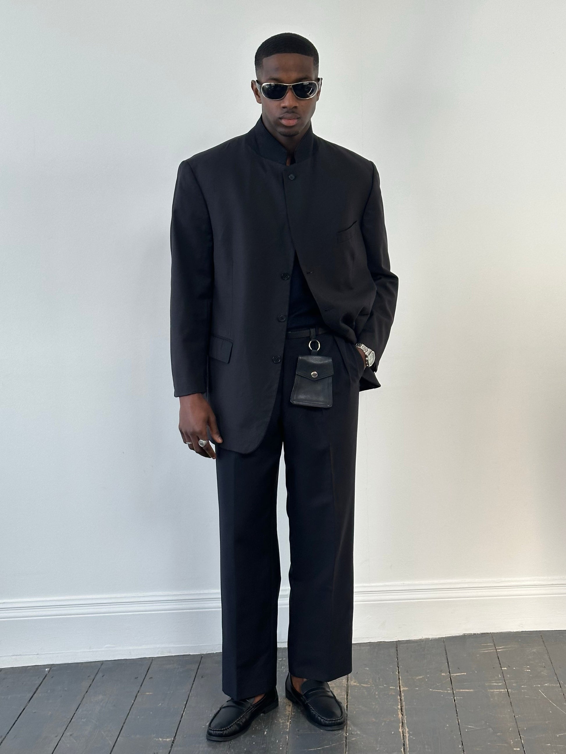 Yves Saint Laurent Pour Homme 1990s pure wool high neck blazer in size 48R, tailored with a structured fit and classic style.