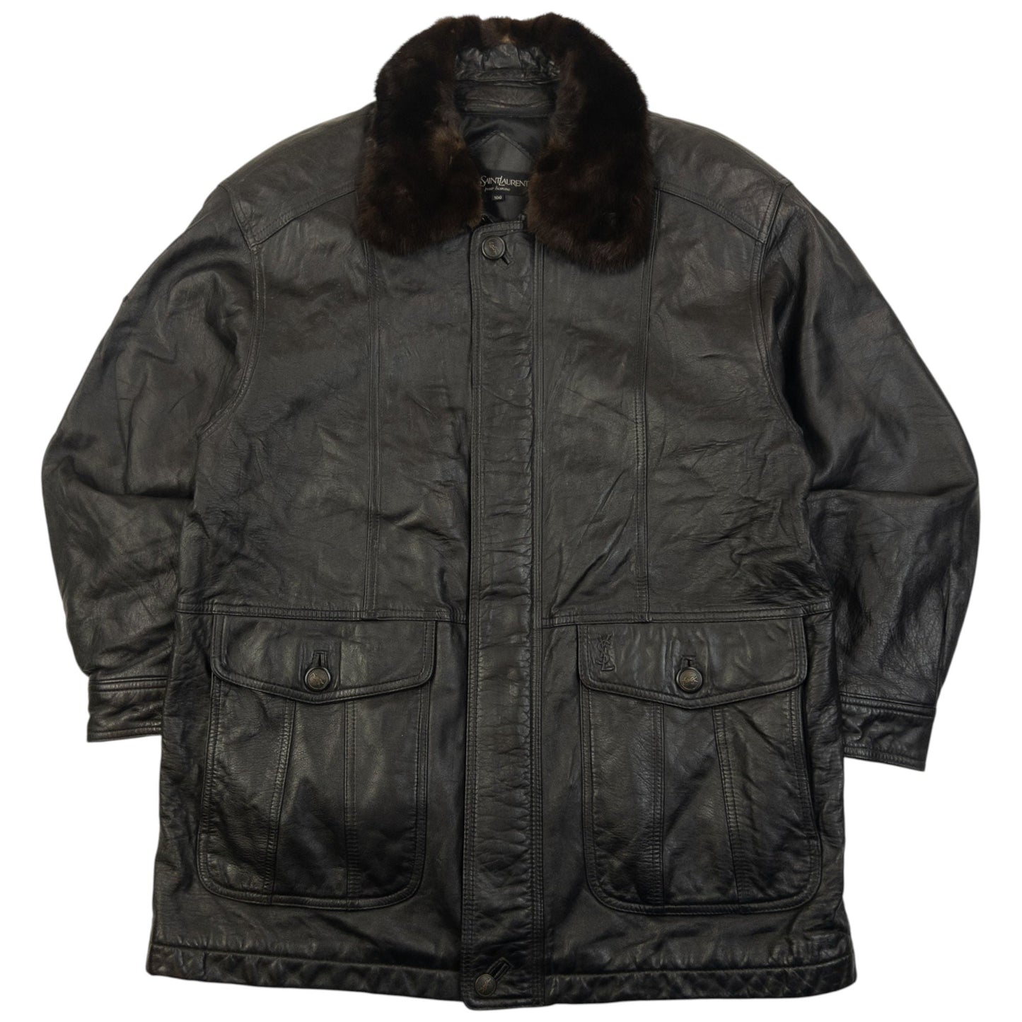Vintage 90s YSL Yves Saint Laurent Fur Collar Leather Jacket Size L | Large, Black
