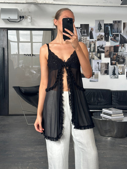 Vintage 2000s Lace Babydoll Asymmetric Split Cami Top - S-L