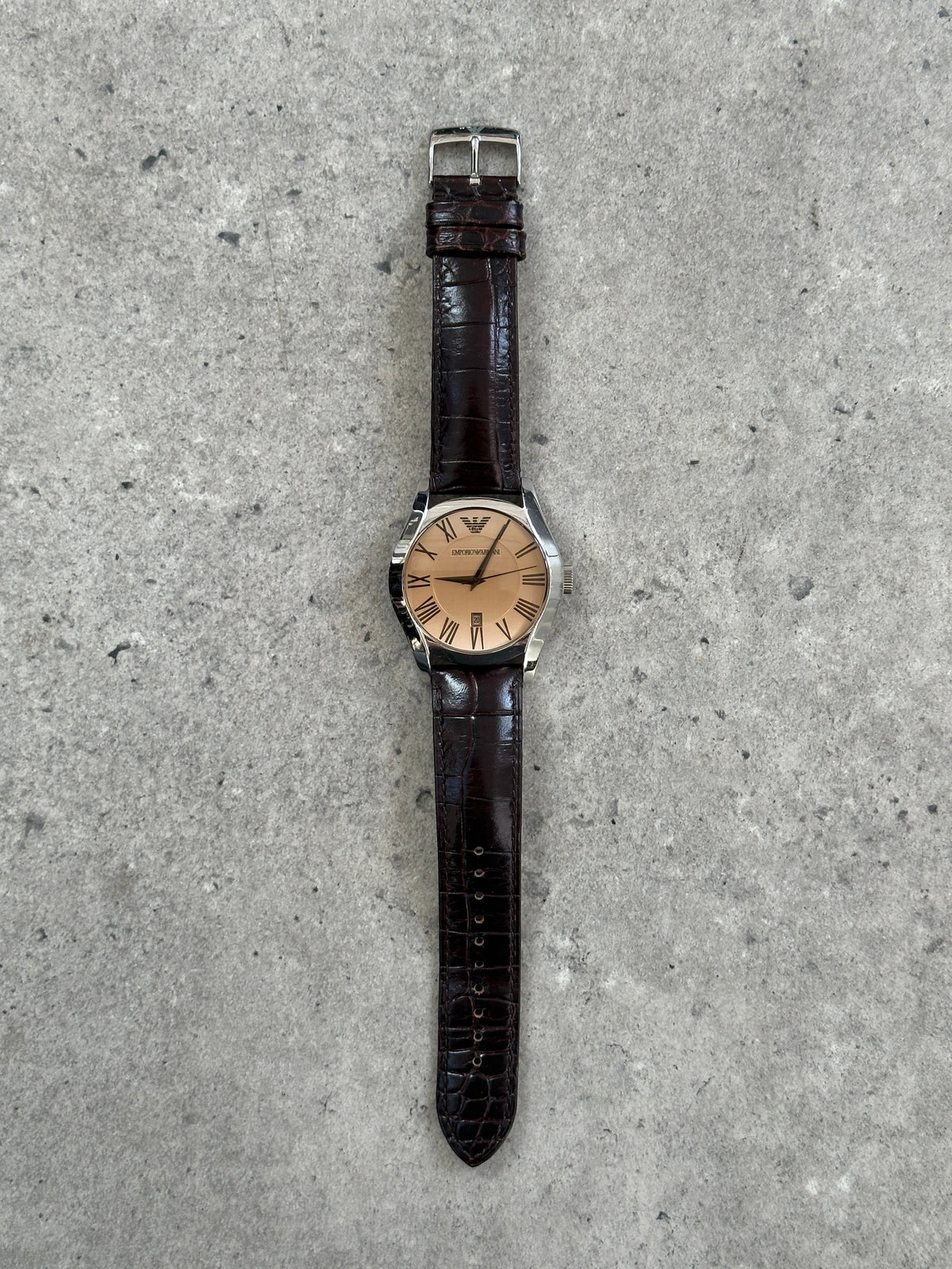 Emporio Armani 2000s leather quartz watch with black dial and silver case, stylish men's timepiece featuring leather strap.