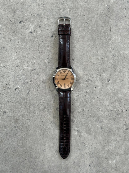 Emporio Armani 2000s leather quartz watch with black dial and silver case, stylish men's timepiece featuring leather strap.