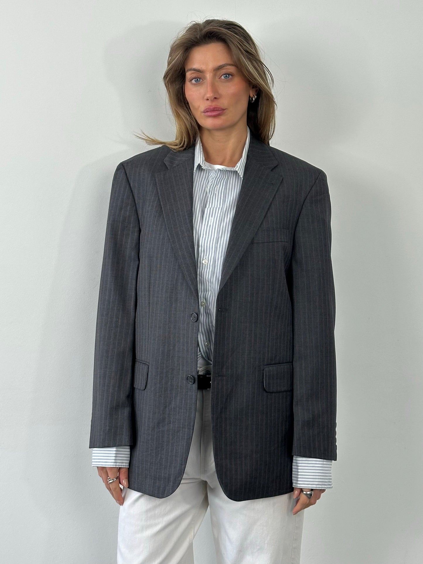 Loro Piana x Digel 1990s pure wool single-breasted blazer in size L, navy blue with classic lapel and tailored fit.