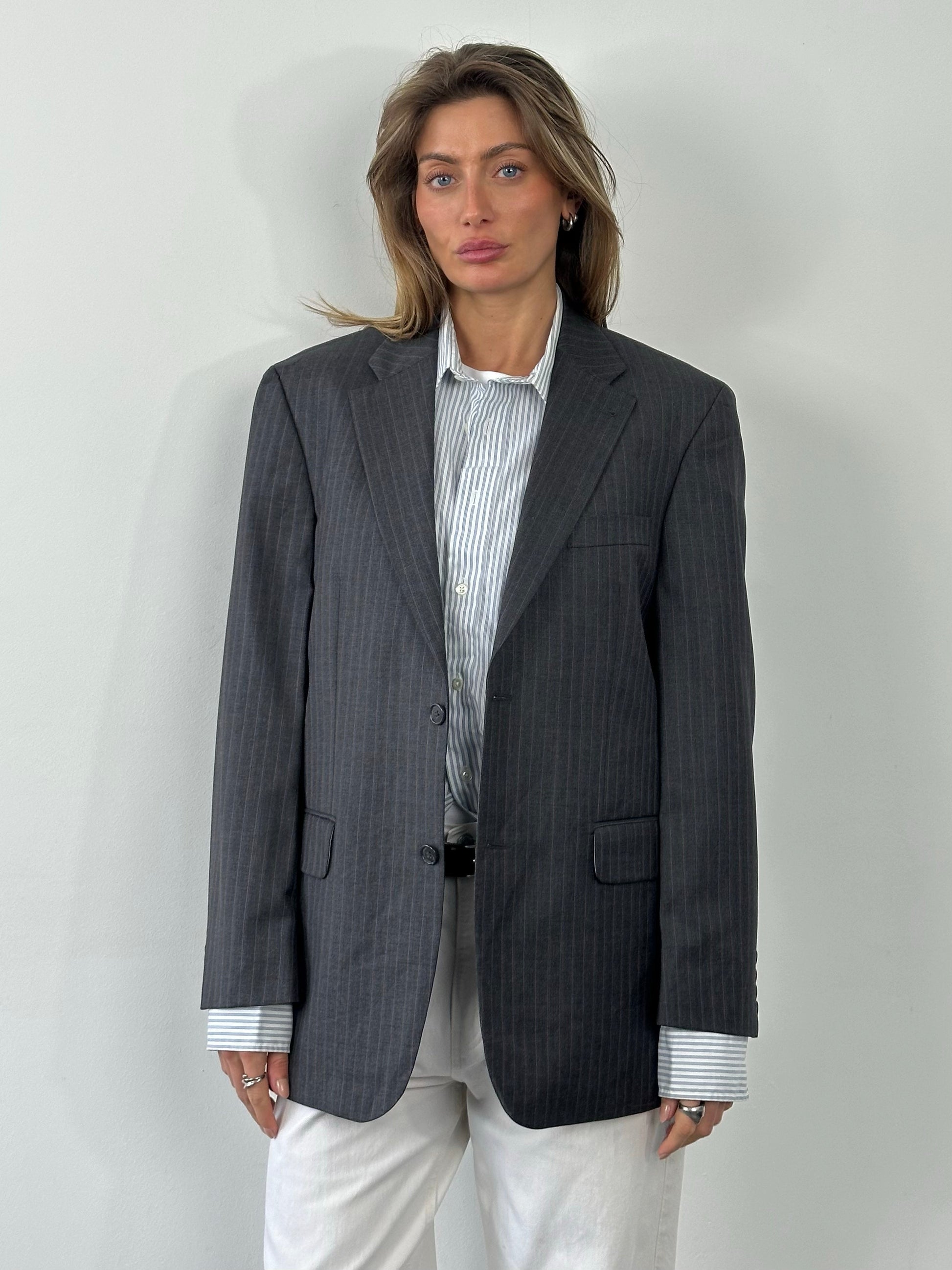 Loro Piana x Digel 1990s pure wool single-breasted blazer in size L, navy blue with classic lapel and tailored fit.