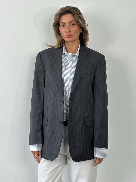 Loro Piana x Digel 1990s pure wool single-breasted blazer in size L, navy blue with classic lapel and tailored fit.