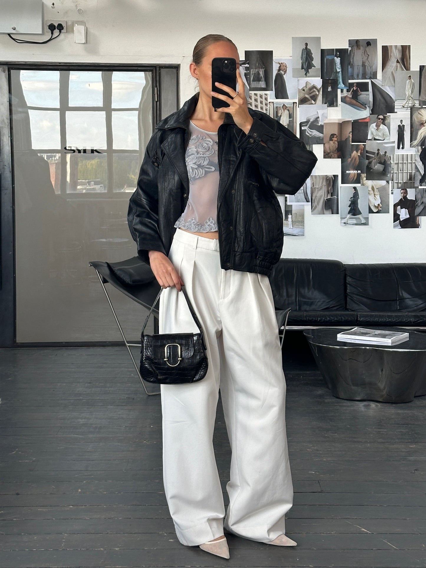 Vintage 1990s High Neck Leather Bomber Jacket - M