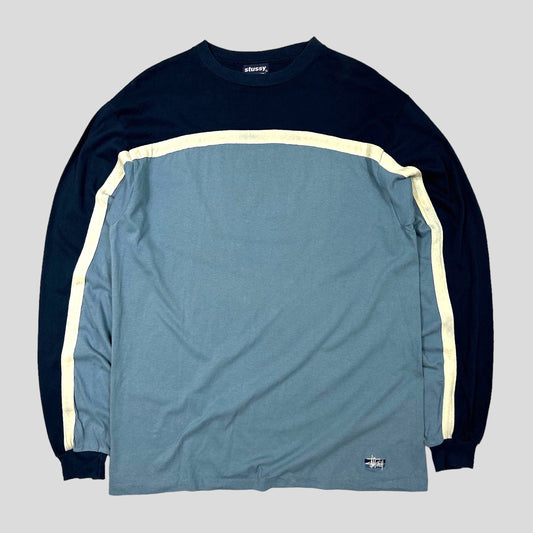 Stussy 90’s Embroidered Panelled Bar Logo Longsleeve - XL | Blue