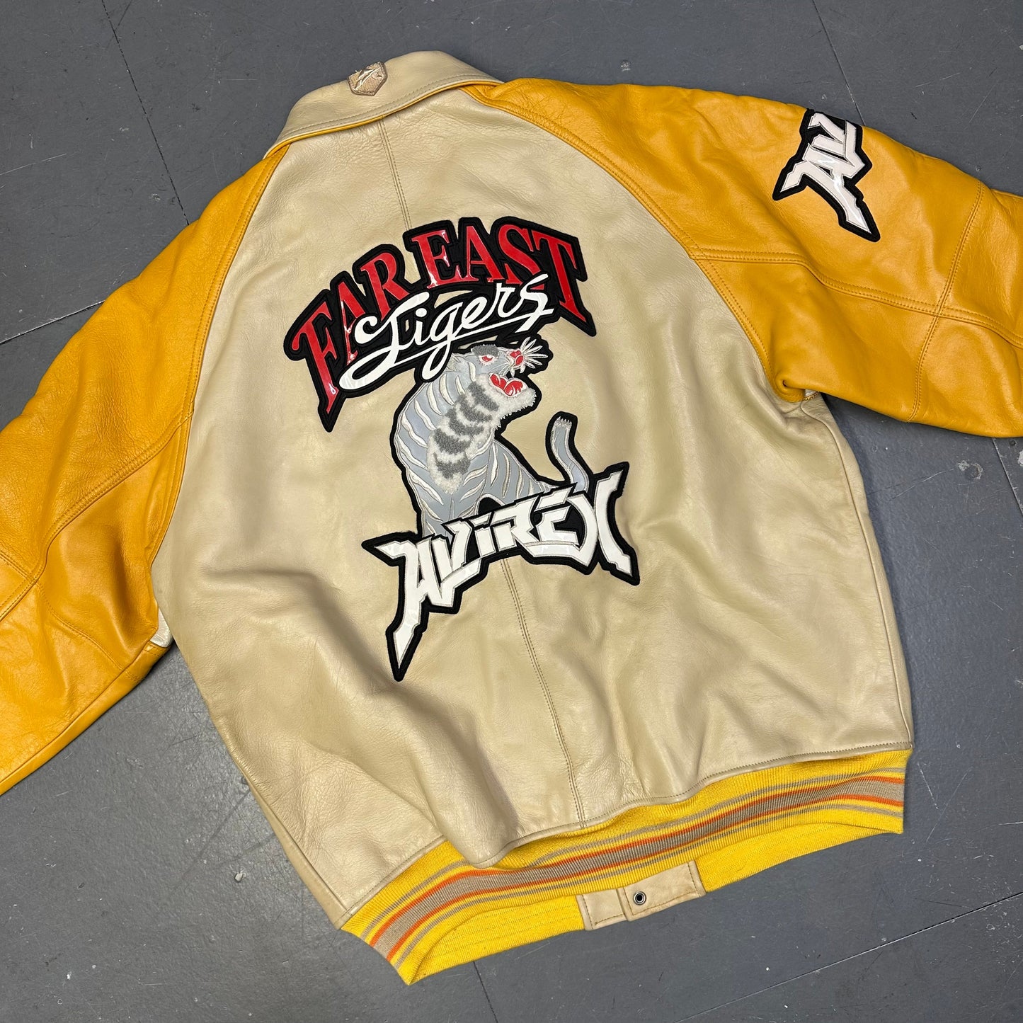 Avirex Far East Tigers Leather Jacket In Beige & Yellow ( L )