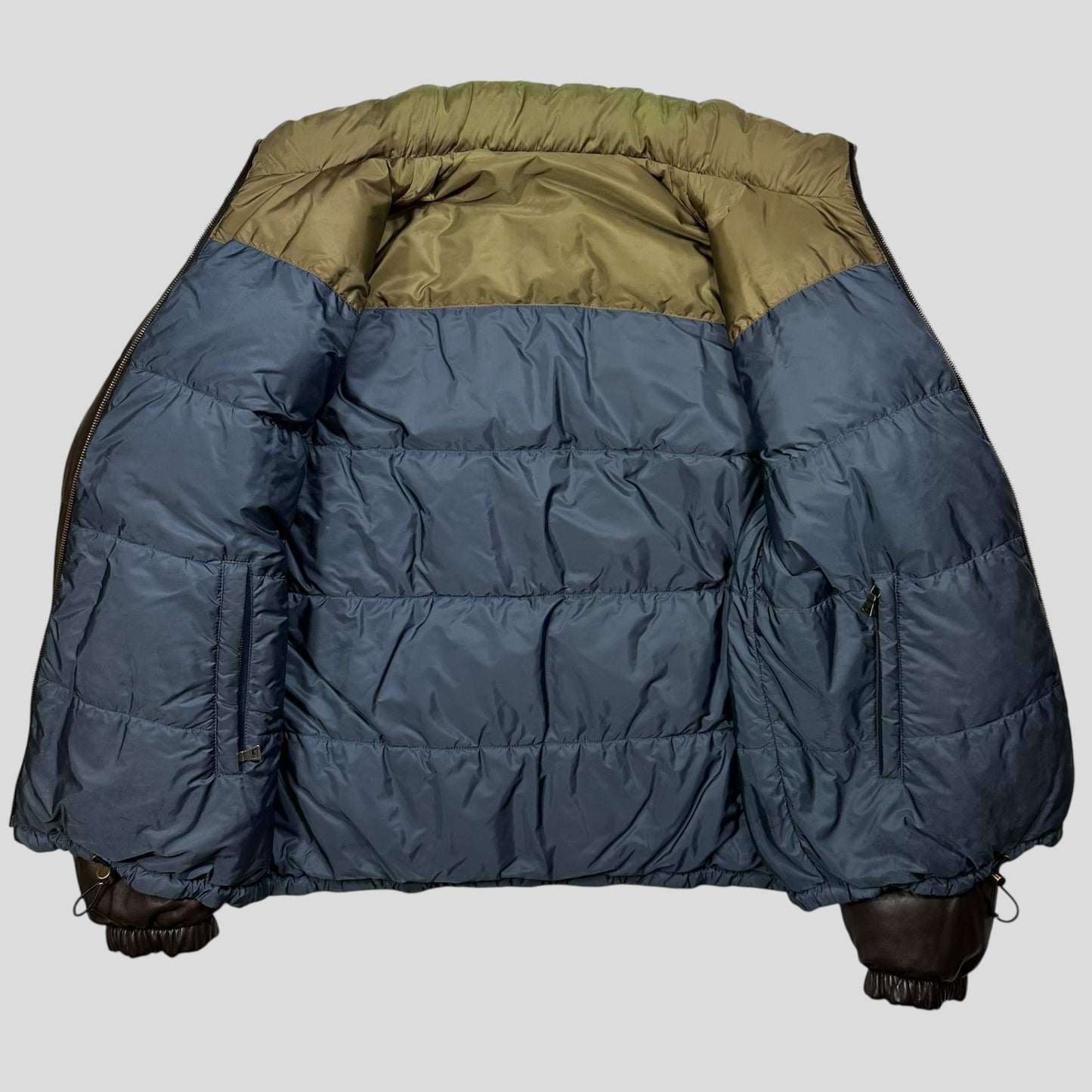 Prada Milano 2012 Leather Reversible Triangle Logo Nylon Puffer Jacket - L