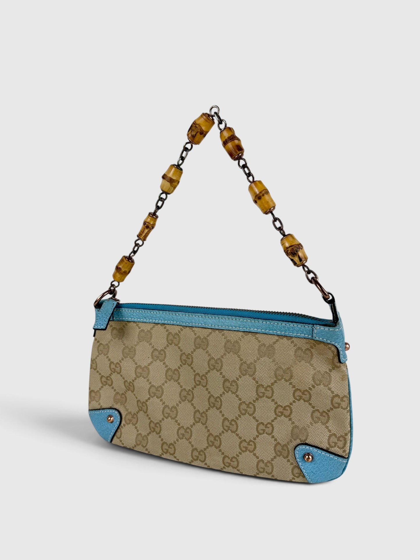 Vintage 90s Gucci Monogram Mini Bamboo Chain Shoulder Bag | O/S, Beige, Blue