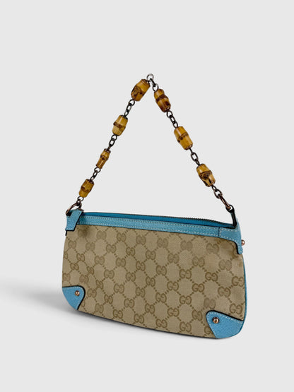 Vintage 90s Gucci Monogram Mini Bamboo Chain Shoulder Bag | O/S, Beige, Blue