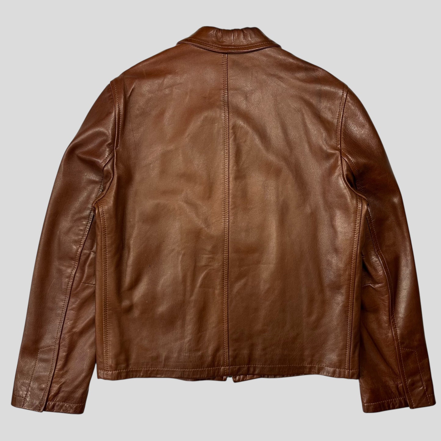 Prada Milano FW98 Whiskey Leather Nylon Lined Zip Work Jacket - IT50