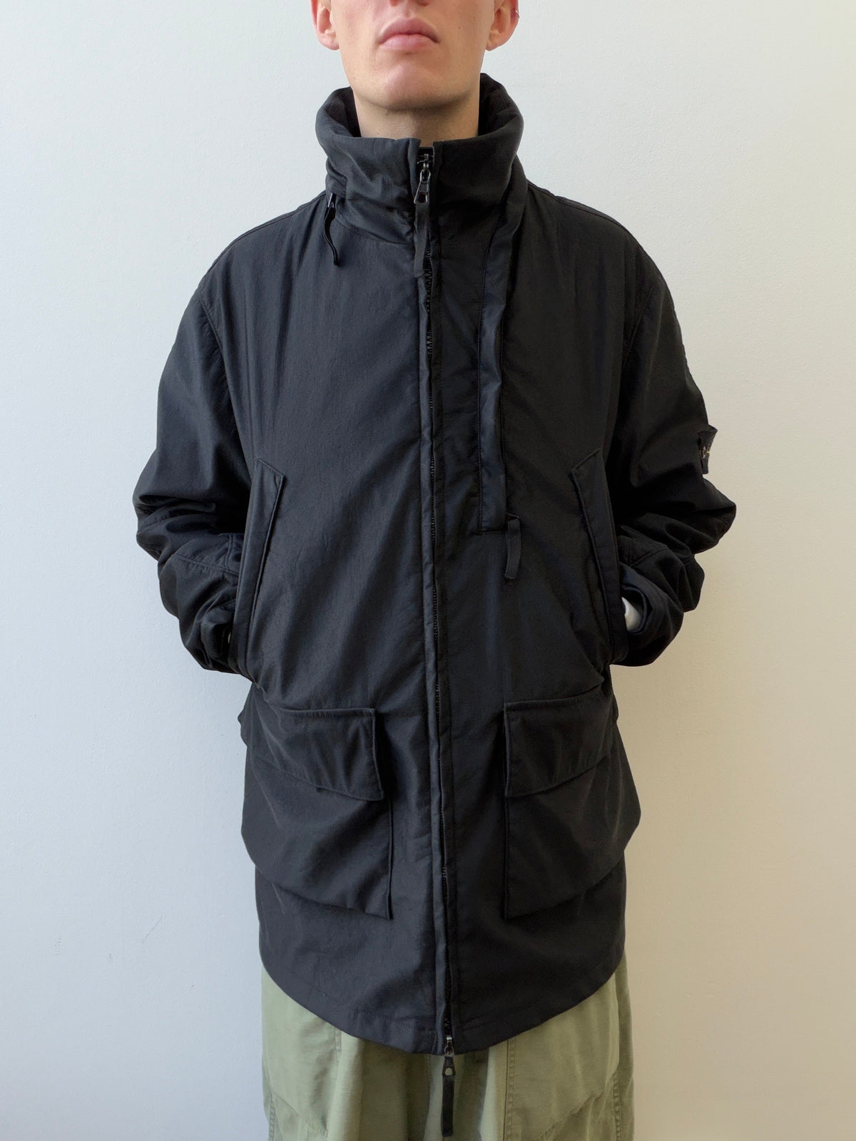 Stone Island AW00 Nylam Dutch Rope Liner Asymmetrical Overcoat | XX-Large, Black