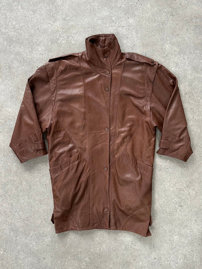 Vintage 1990s Leather High Neck Trench Coat - L