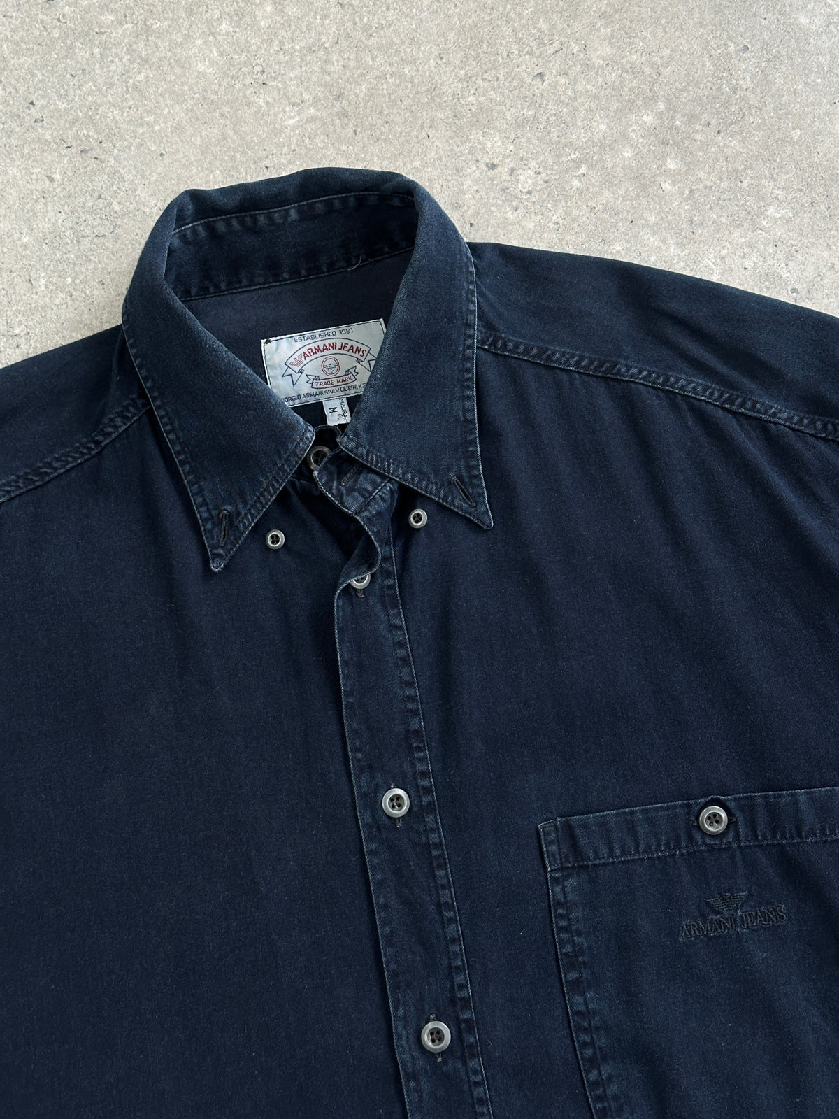 Armani Jeans 1990s pure cotton denim logo shirt in XL, featuring classic denim fabric and signature Armani branding.