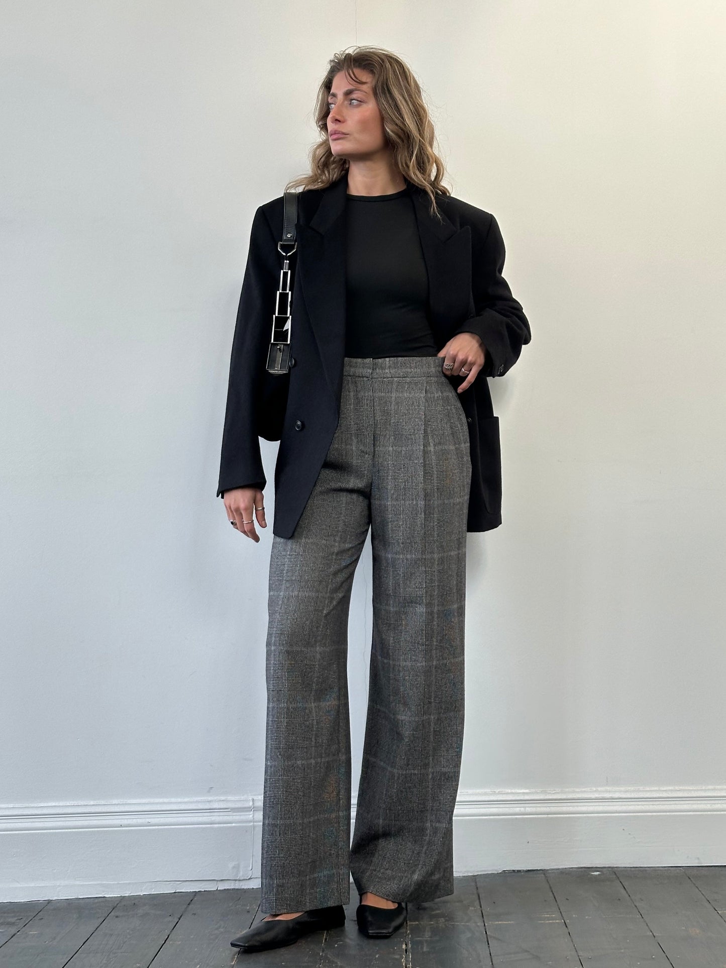 Max Mara 2000s Brushed Wool High Waisted Wide Leg Check Trousers - W28