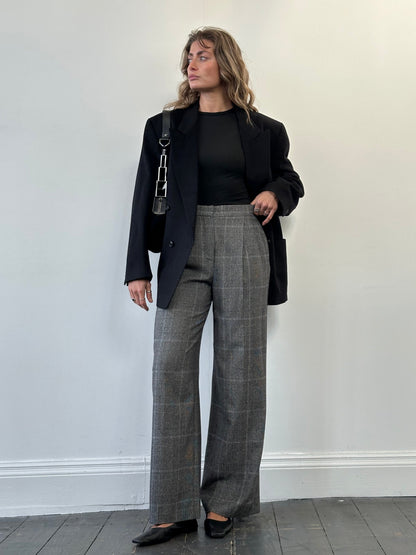 Max Mara 2000s Brushed Wool High Waisted Wide Leg Check Trousers - W28