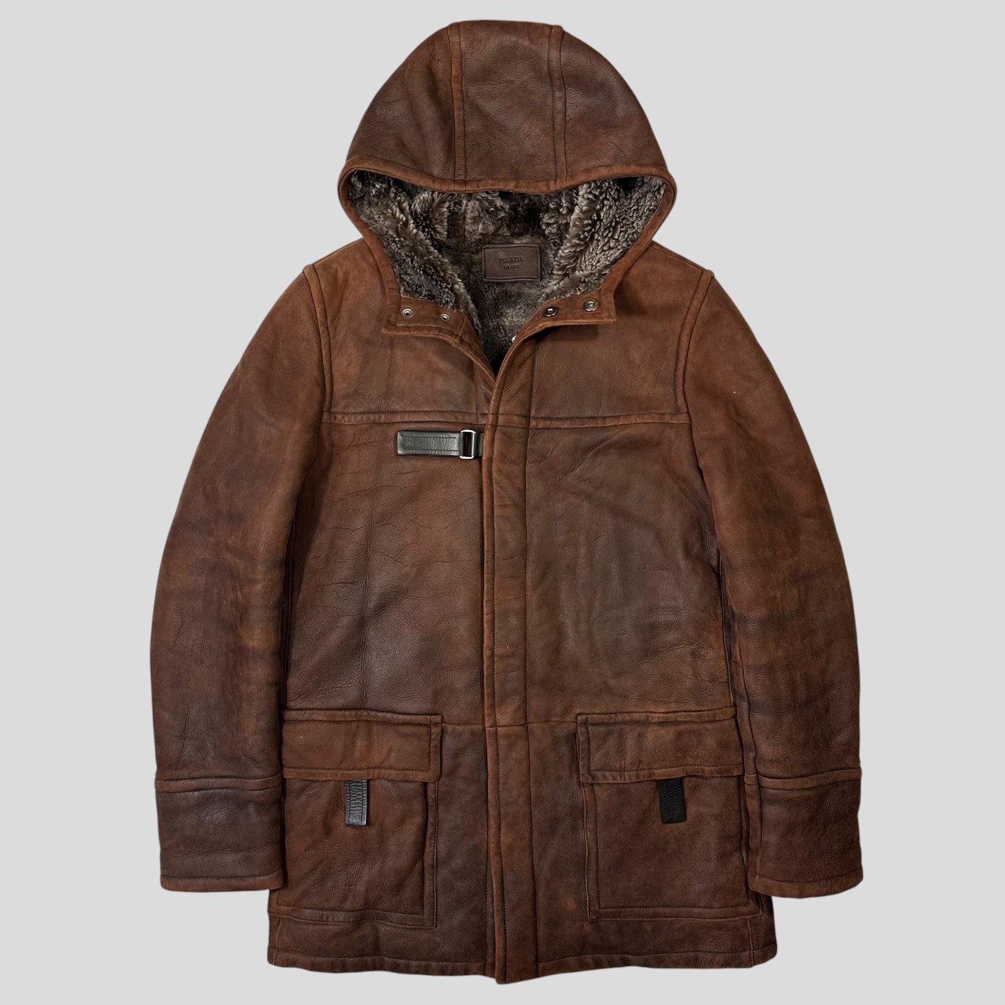 Prada Milano 2010 Sheepskin Fur & Leather Strap Hooded Coat - IT50 | O/S, Brown