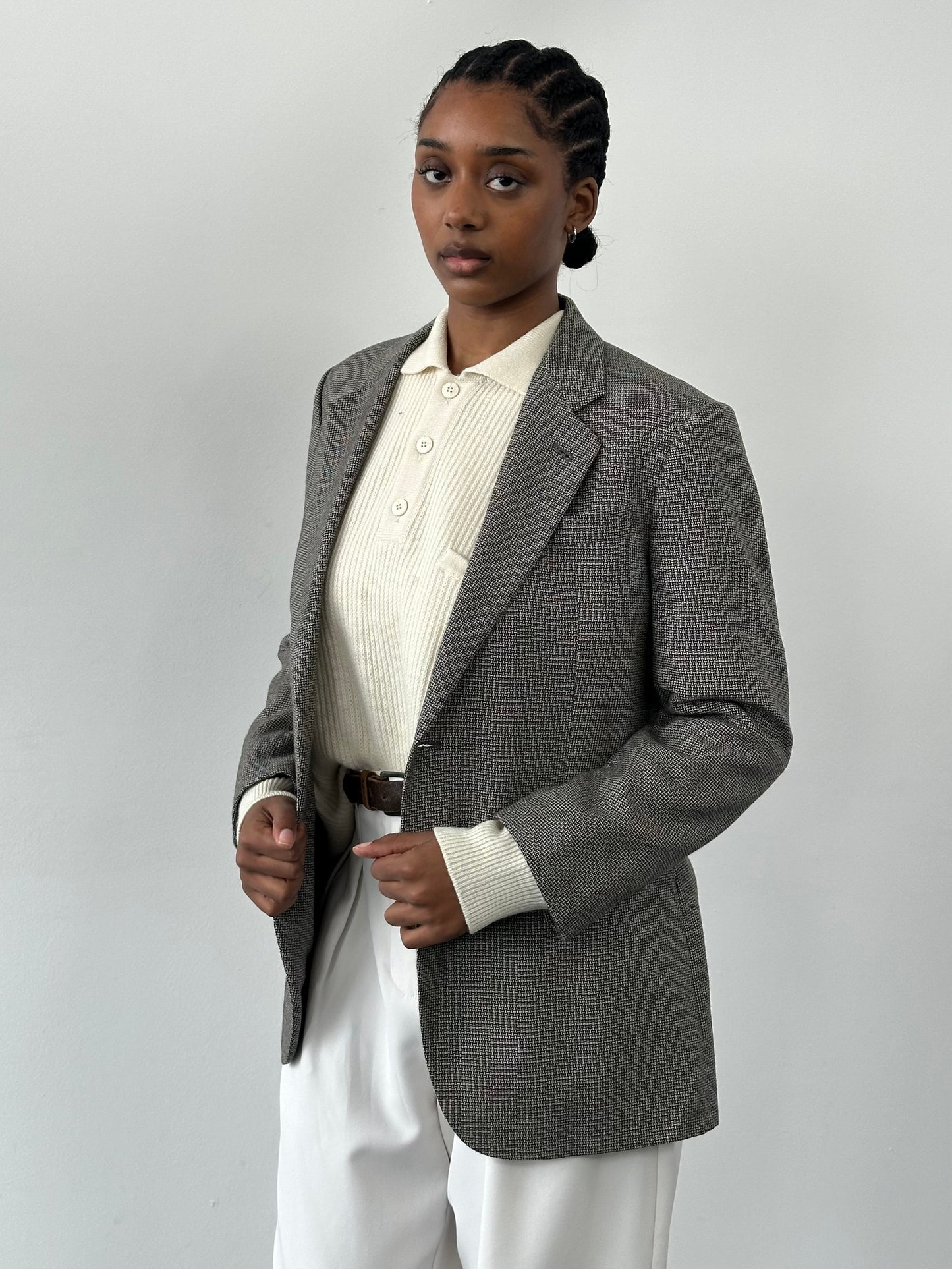 Burberry 1990s Herringbone Wool Silk Single Breasted Blazer - 36S/S