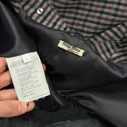 Miu Miu 00’s Virgin Wool + Removable Sheep Fur Plaid Duffle Coat - IT42