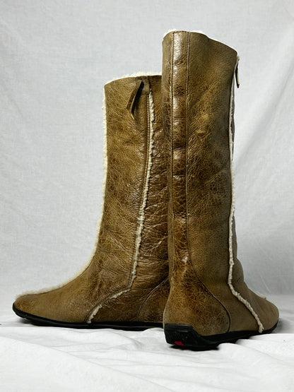 PRADA SHEARLING MID CALF BOOT | Default Title, Brown