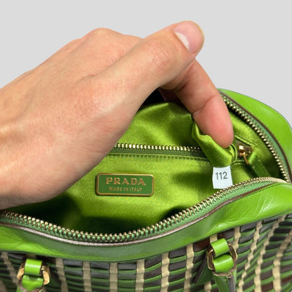 Prada 2001 Mini Top Handle Leather Woven Bag + Cards & Dustbag | O/S, Green