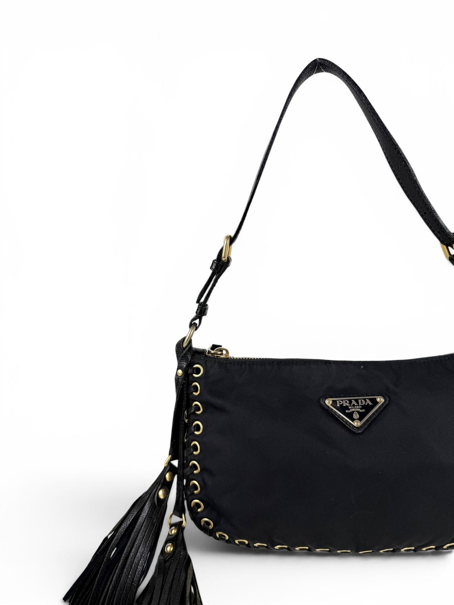 2000s RARE Prada Nylon Grommet Stitch Shoulder Bag | O/S, Black