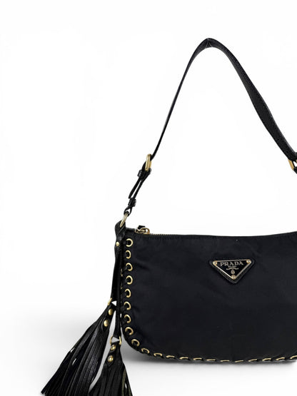 2000s RARE Prada Nylon Grommet Stitch Shoulder Bag | O/S, Black