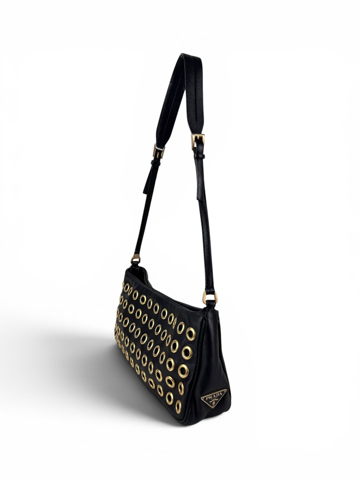2000s Prada Black Leather Grommet Shoulder Bag | O/S, Black
