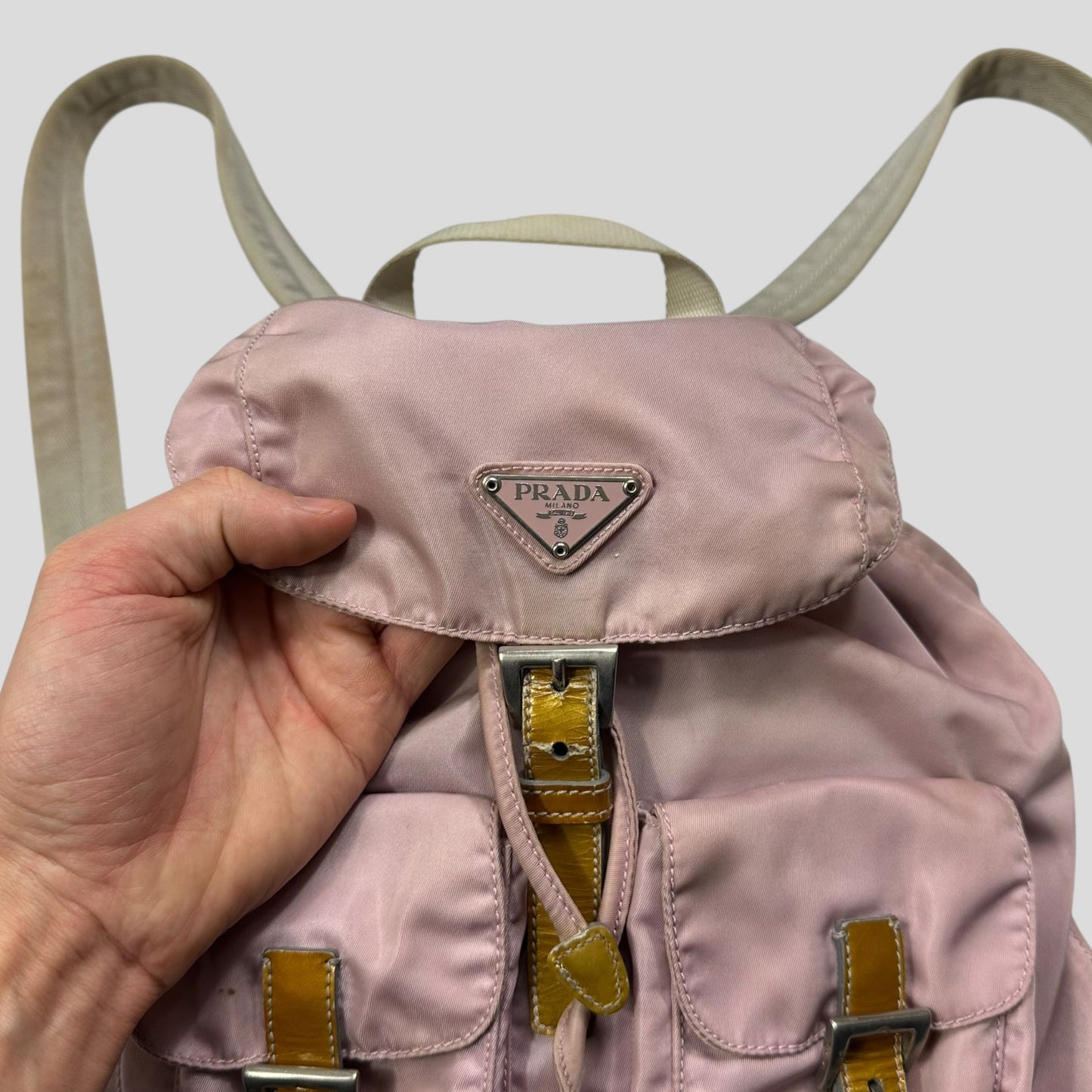Prada Milano 00’s Triangle Plaque Logo Nylon Pink Backpack | O/S, Gold