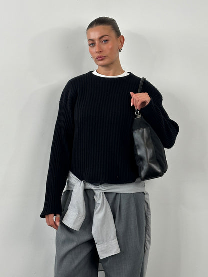 Italian Vintage Pure Cashmere Cropped Ribbed Jumper - L