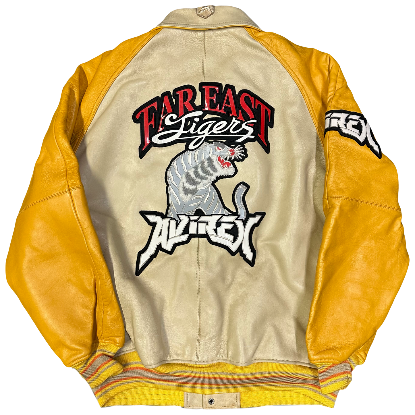 Avirex Far East Tigers Leather Jacket In Beige & Yellow ( L )