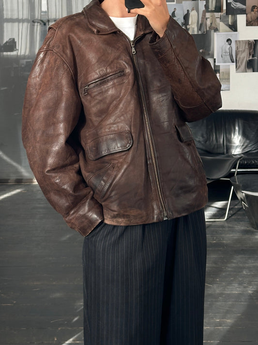 French Vintage 1980s Aged Boxy Leather Jacket - L