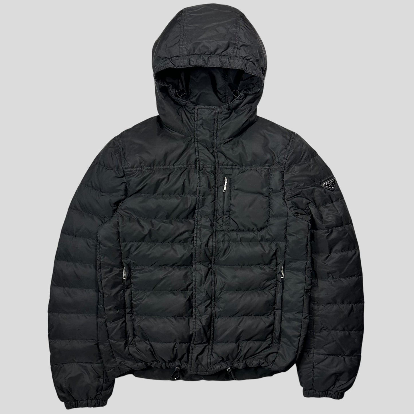 Prada 2018 Nylon Down Tri-Pocket Plaque Logo Puffer - S/M